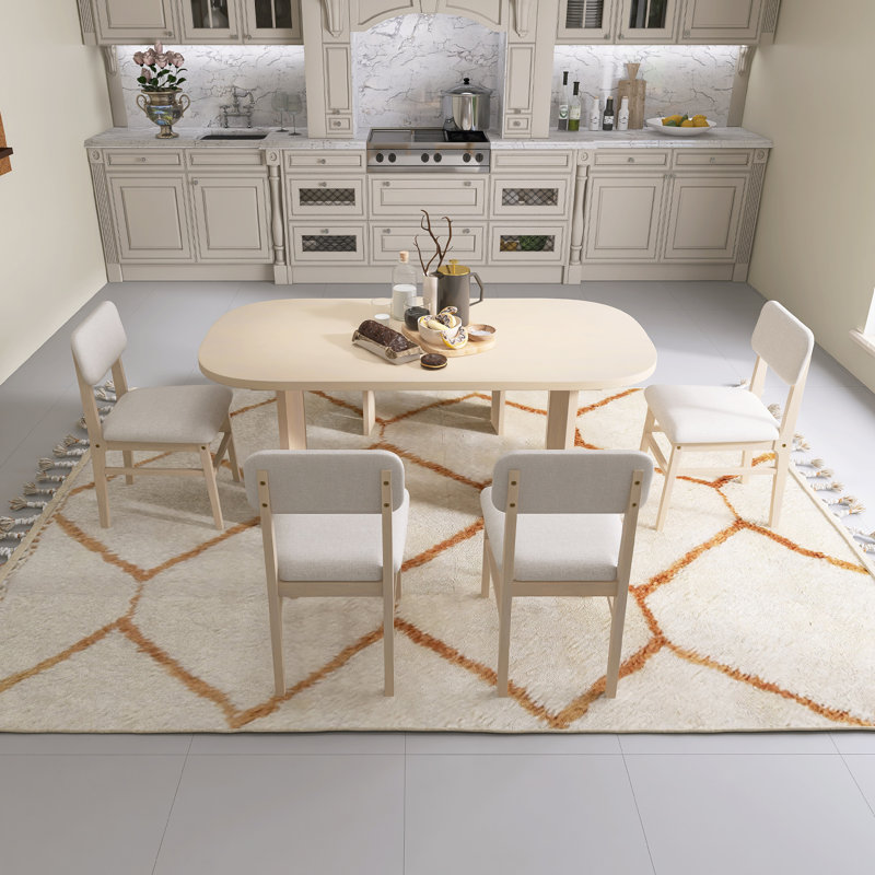 Natural Solid Wood Dining Table Set With Bench - 6-Piece Upholstered Chair Rectangular Dining Room Table Set With Bench, 2-Color Modern Farmhouse Kitchen Furniture