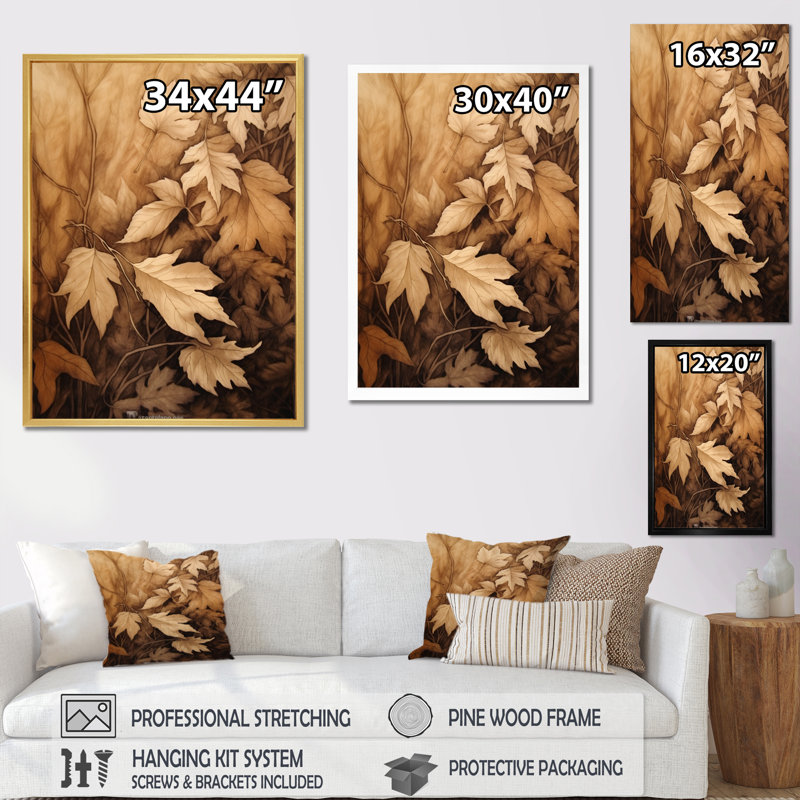 «Brown Beige Leafs Harmony III», reproduction sur toile, H 20 po x l 12 po x P 1 po, Cadre photo argenté