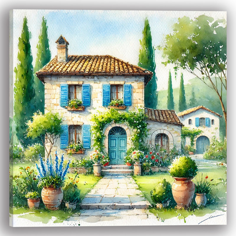 Charmante maison de campagne avec des volets bleus sur toile tendue, H 12 po x l 12 po x P 1 po
