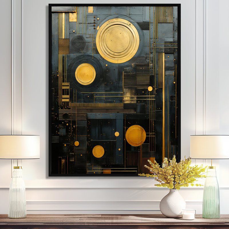 Golden Moon Art Nouveau Collage - décoration murale géométrique, Toile avec cadre flottant noir, H 20 po x l 12 po x P 1 po