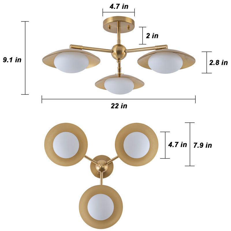 3 - Light 22inch Modern Sputnik Opal Glass Semi Flush Mount