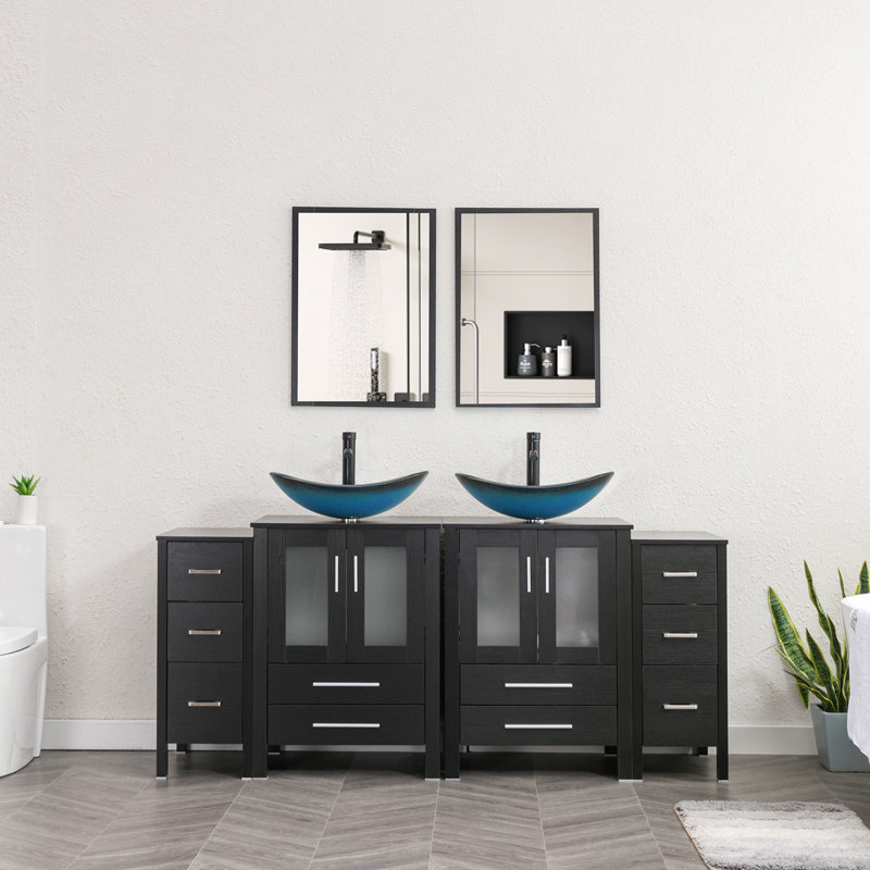 Meuble-lavabo double autoportant de 72 po avec plateau en verre et miroir Base color: BlackSink color: Blue, Bleu, Noir