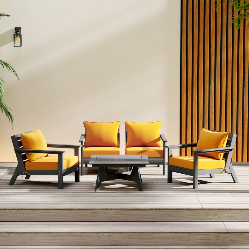 Ensemble de conversation à assise profonde 5 pièces, Gris, Jaune