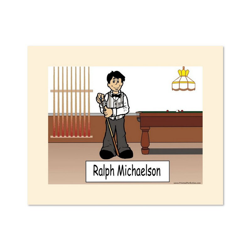 Personalized Pool Player, Billiards - Male Cartoon Caricature with a Mat, Ready to Frame, Yes
