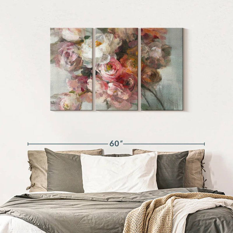 Ensemble de 3 pièces bouquet de rosé sur toile, H 28 po x l 45 po x P 1,25 po