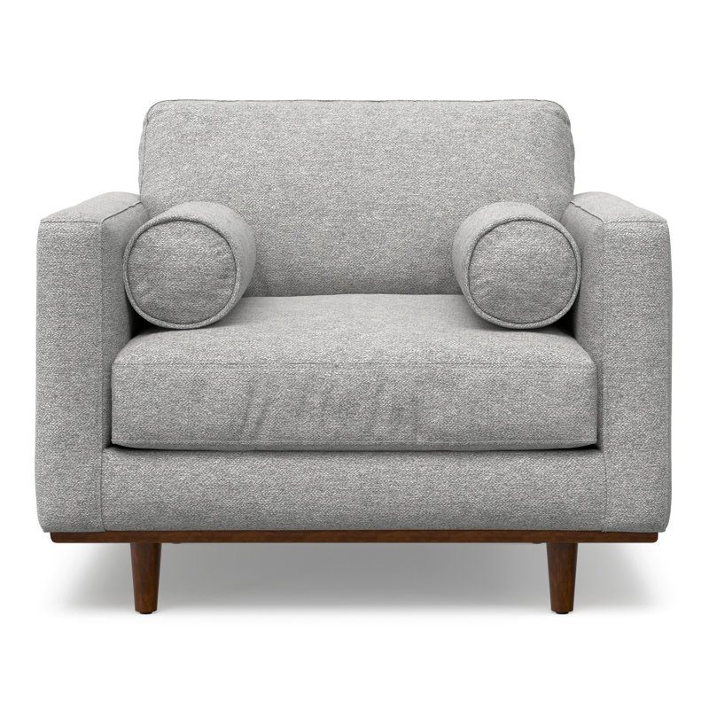 Morrison 42"W Upholstered Performance Fabric Mid-Century Modern Arm Chair With Bolster Pillows, Mist Gray Polyester