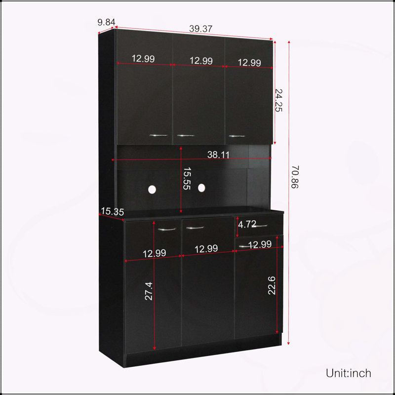 Armoire polyvalente à 6 portes et 1 tiroir avec tablettes ouvertes pour la chambre à coucher, Noir
