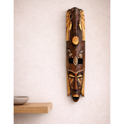 Handcrafted Solid Wood African Tribal Elephant Mask Wall Decor – 40" Tall Hand-Carved Wall Sculpture