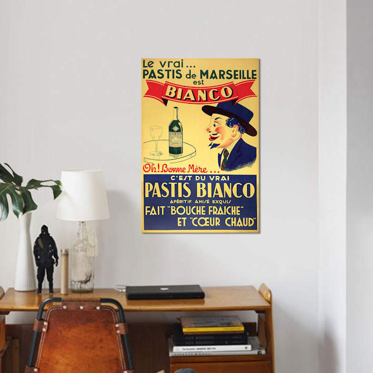 « pastis de marseille bianco », affiche rétro sur toile, H 12 po x l 8 po x P 0,75 po, Toile tendue, Pas de tapis