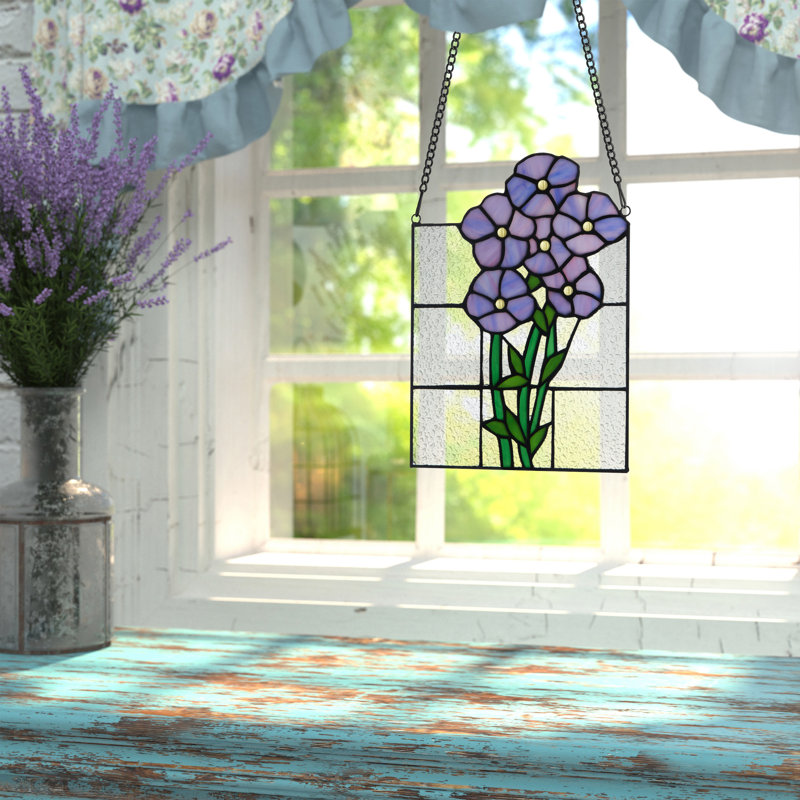 Purple and Green Stained Glass Window Panel with Forget Me Not Flowers
