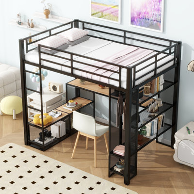 Lit mezzanine en métal avec rangement en fer et tablettes en MDF et garde-robe ouverte