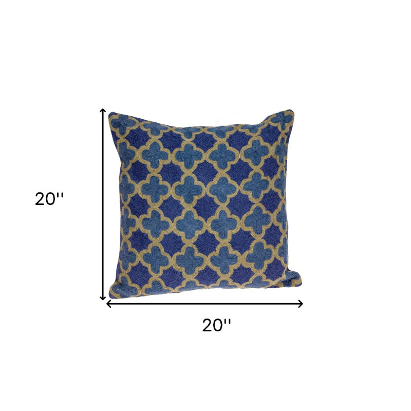 Coussin décoratif en laine quadrilobe bleu et brun 20 "avec broderie