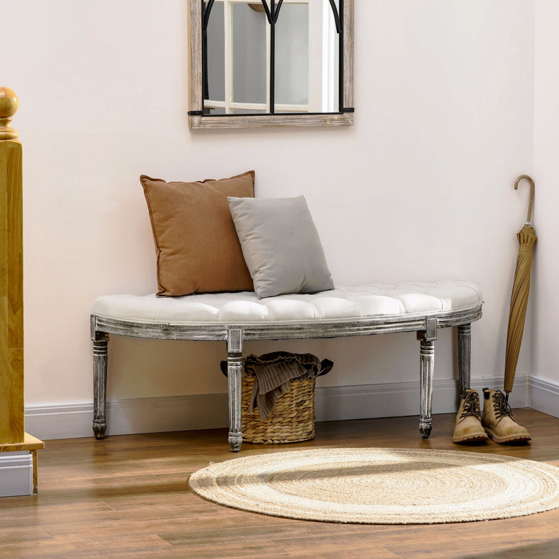 Banc en demi-cercle de bout de lit capitonné avec banc d'entrée en bois d'hévéa, blanc cassé