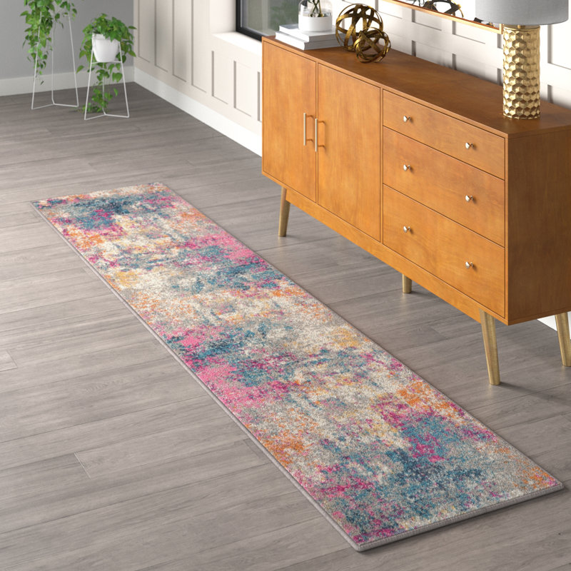Tapis abstrait rose / bleu / orange / ivoire Abbate, Tapis de couloir 2 pi 2 po x 10 pi