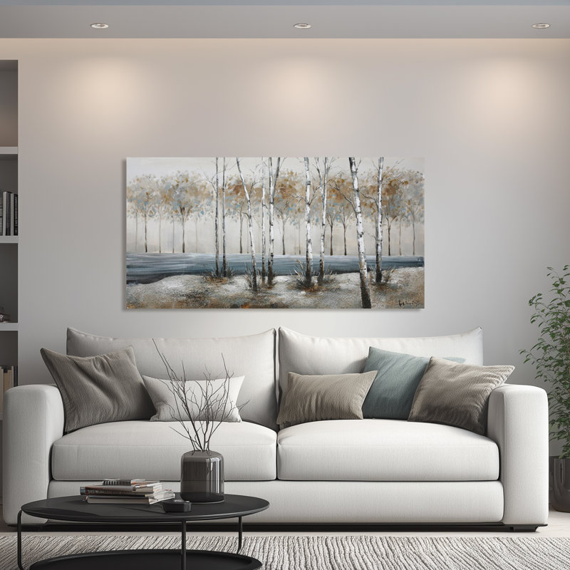 «Birch Alley», reproduction sur toile en gris / bleu