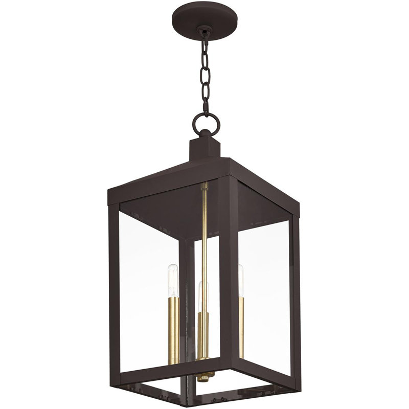 Lanterne suspendue d'extérieur 3 lumières avec abat-jour en verre transparent, H 24 po x l 10,5 po x P 10,5 po, Noir / Bronze