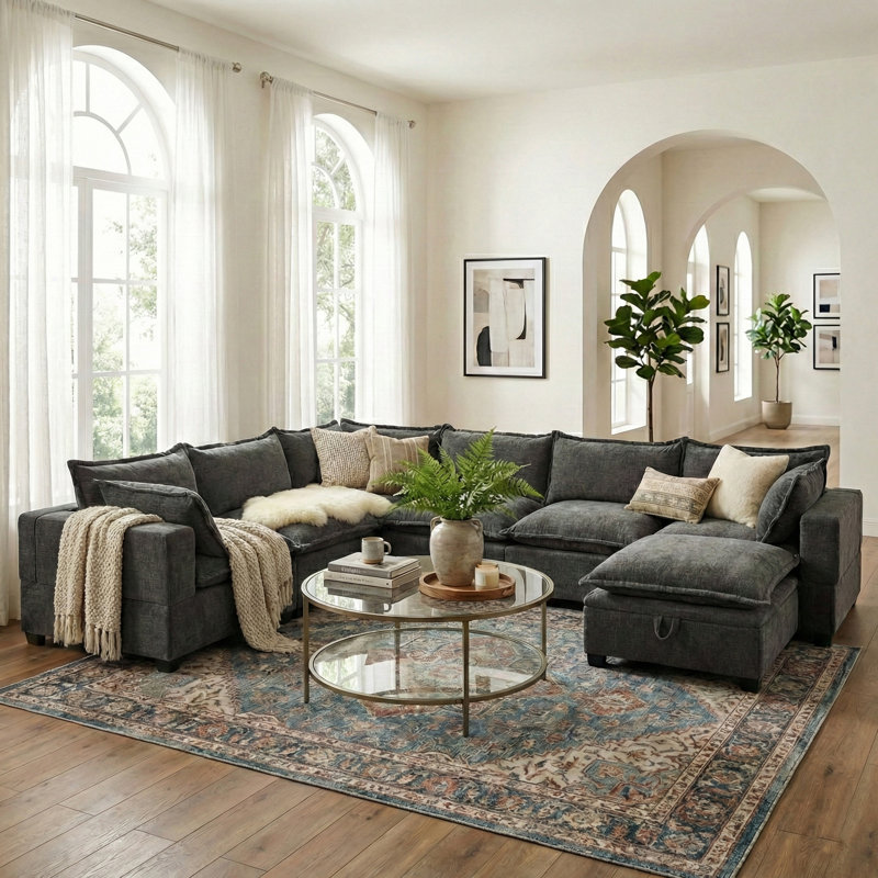 117.5" Wide Oversized 7-Seater Chenille Sectional Sofa with Storage Ottoman, Grey
