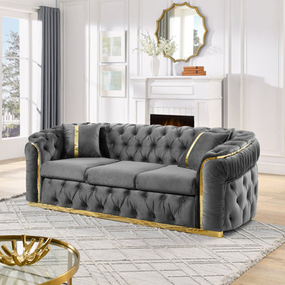 3 Gray Velvet Couch, 90.6 Inches Button Luxury With 2 Pillows And Gold Stainless Steel Accents For Living Room Couch Tufting, Golden