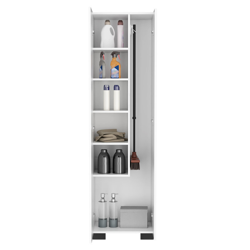 Armoire à balai Slim Lake en blanc - tablettes intérieures et crochets latéraux pour une utilisation optimale de l'espace