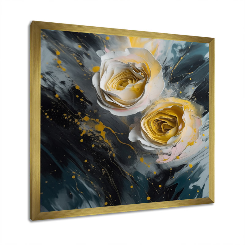 Tapisserie rose jaune III - impression, H 36 po x l 36 po x P 1,5 po, Cadre flottant doré