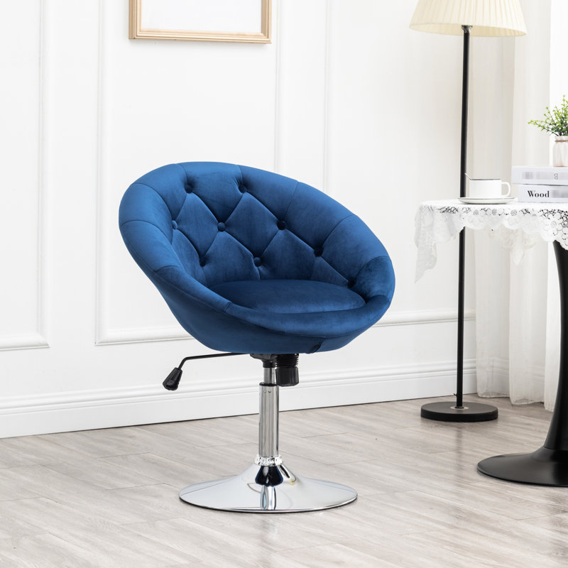 Back Chair, Velvet Upholstery, 360-Degree Swivel, Hydraulic Base, Blue, Chromed Metal, 28.14"W X 24"D 32"-38.25"H Swivel Chair In Soft Blue Velvet, Lift Rotation,
