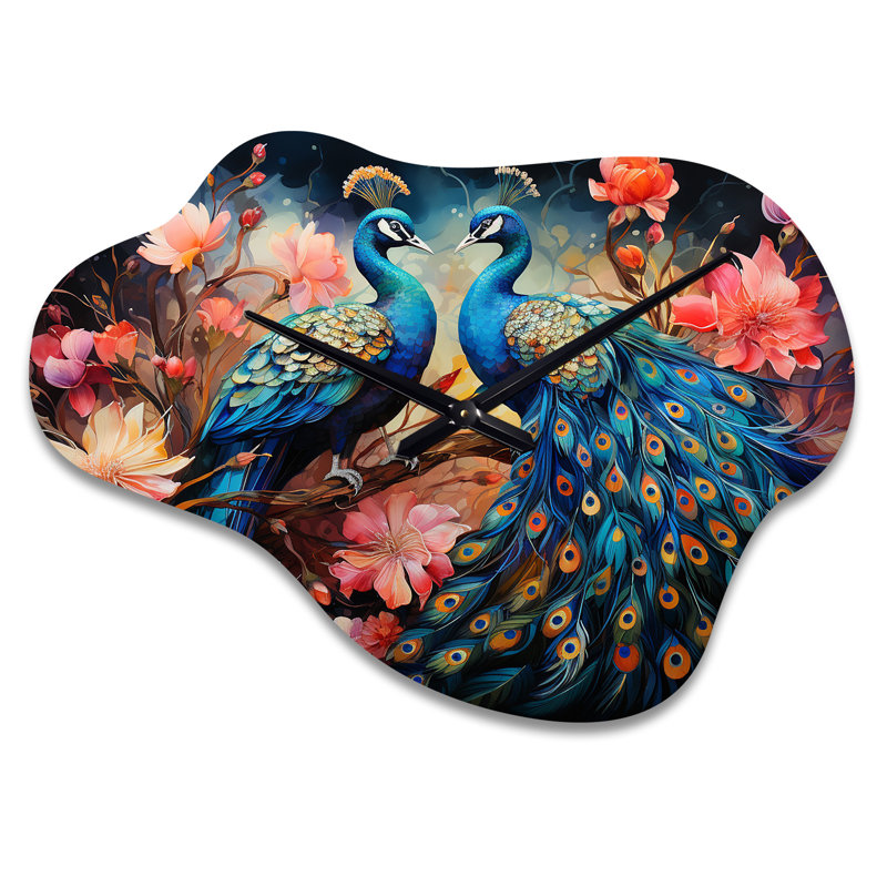 Blue Indian Coral Art Dancing Peacocks II - horloge murale asymétrique en métal, Grand