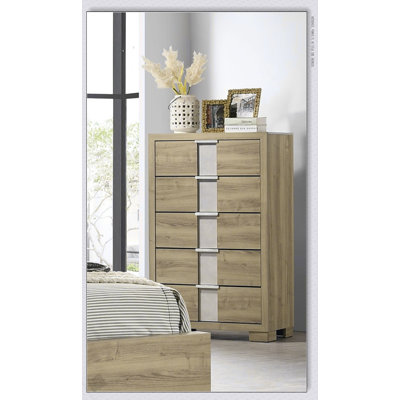 Commode haute en bois flotté 1 pièce avec cinq tiroirs, solution de rangement rustique et moderne pour chambre à coucher