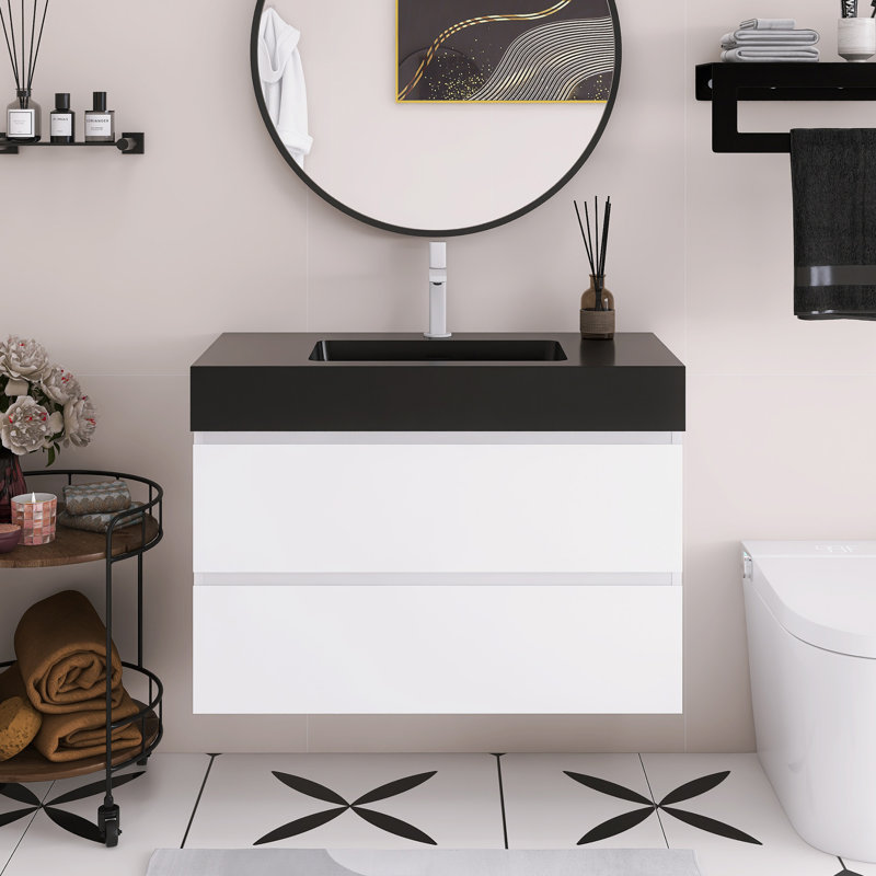 Meuble-lavabo flottant mural 36 po avec lavabo, Blanc, Noir