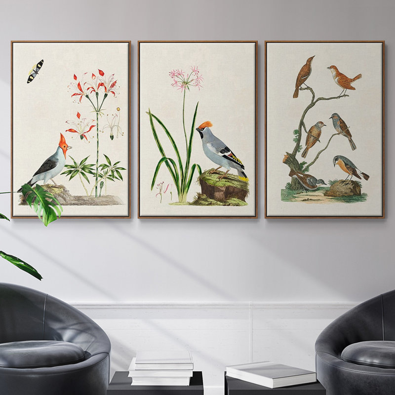 Oiseaux antiques dans la nature IV, 3 pièces, Noyer, H 36 po x l 72 po x P 2 po