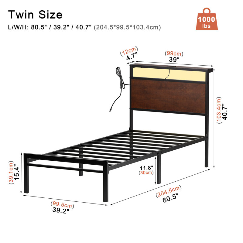 Antioch Metal Platform Bed with LED Light and Charging Station, Twin, Brown
