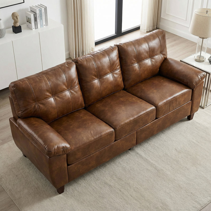 79" Faux Leather Three-Seater Couch - Solid Wood Frame, Storage & Oversized Armrests, Breathable PU Sofa, Brown, 3