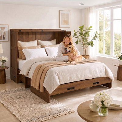 Rattan Cabinet Murphy Bed with Storage Drawers, Charging Station & Mattress, Brown