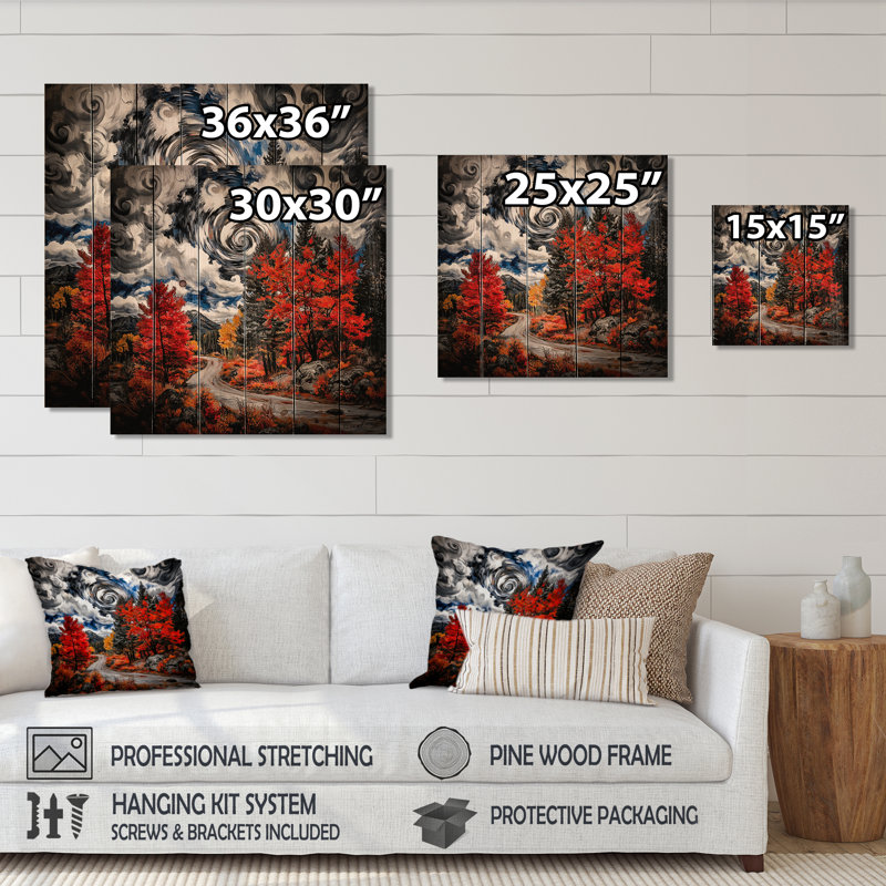 Automne, sentier de la forêt en été I - Paysage, décoration murale en bois sur bois de pin naturel, H 36 po x l 36 po