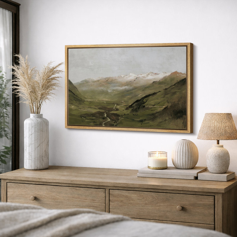 «Rustic Countryside», «Vintage Green Mountain Valley Nature Landscape Art, Classic Serene Calm Relax Wall Walls, Large Encadré, Impression Giclée Sur Toile»