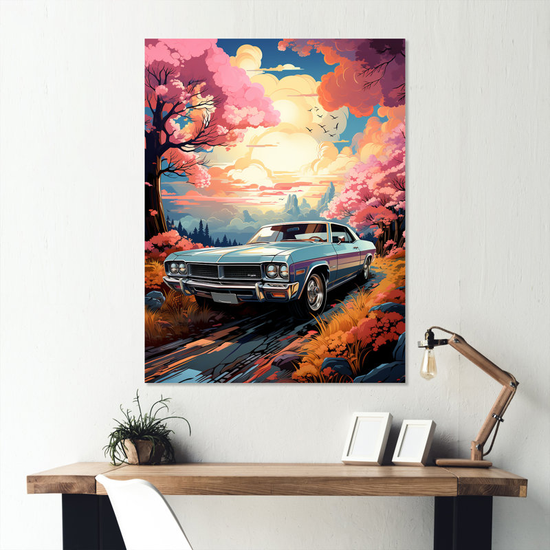 Rose Cadillac Car At Sunset I - Car Muscle Car, art mural en métal, H 40 po x l 30 po x P 1,5 po