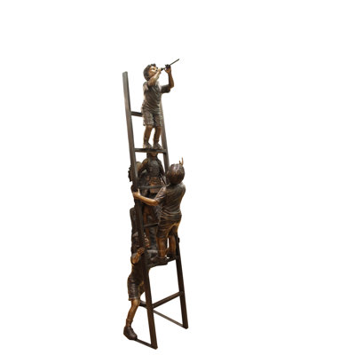 Three Children Playing on Ladder Bronze Statue - Handcrafted Sculpture for Home, 24"L x 27"W x 96"H