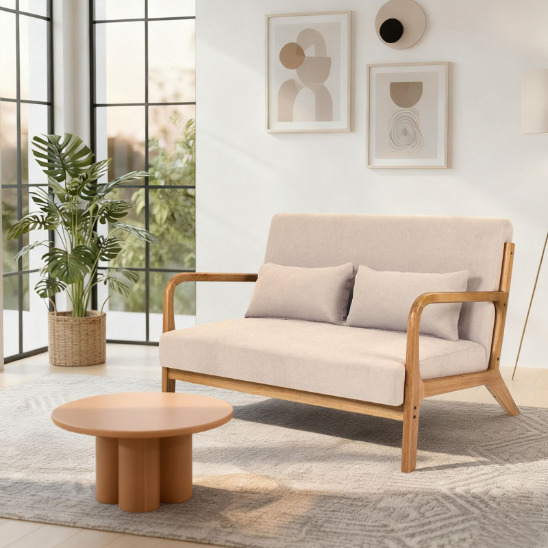 Canapé Mid-Century moderne rembourré avec cadre en bois, Beige