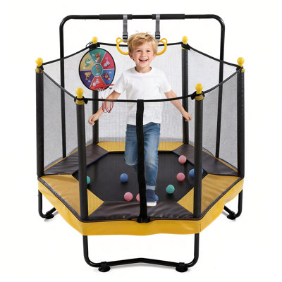 Trampoline For Kids With Enclosure, Indoor & Outdoor Toddler Trampoline With Adjustable Gymnastics Bar , Ring ,Basketball Hoop , Boxing Bag And Ocean Ball ,Toys For Age 1-8 Years