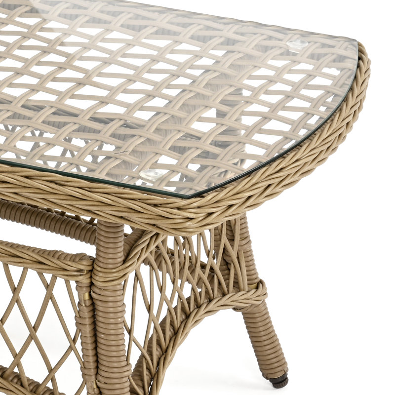 Lindenwold 1-Piece Wicker Patio Coffee Table With Glass Tabletop