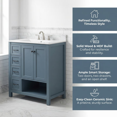 Meuble-lavabo de 30 po avec comptoir d'évier, armoire en bois massif et panneau de fibres à densité moyenne, deux portes et deux tiroirs, tablette ouverte, lavabo en céramique, rangement de salle de bain moderne autoportant avec poignées en métal