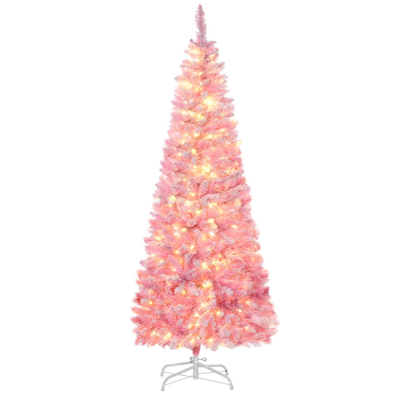 Arbre de Noël artificiel enneigé 6 pi avec forme de crayon, branches de pin réalistes, lumières DEL blanc chaud, ouverture automatique, blanc