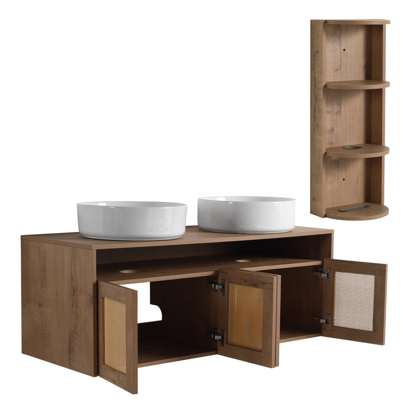 Meuble-lavabo 48 po avec 2 lavabos en céramique et support de rangement, 4 portes à fermeture douce, montage flottant, contreplaqué