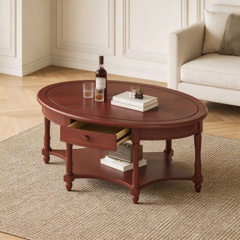 Table basse ovale vintage de 114 cm avec tiroir et étagère de rangement, style campagne française, en merisier, Cerisier