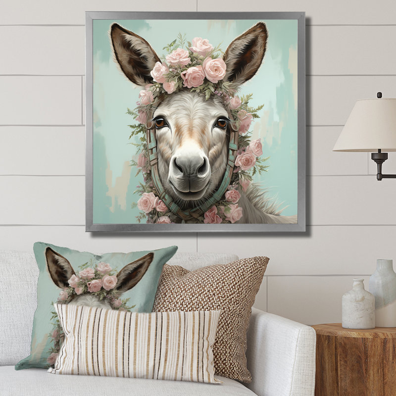 Adorable portrait floral d'âne - art mural d'âne, Cadre simple argenté, H 16 po x l 16 po x P 1 po