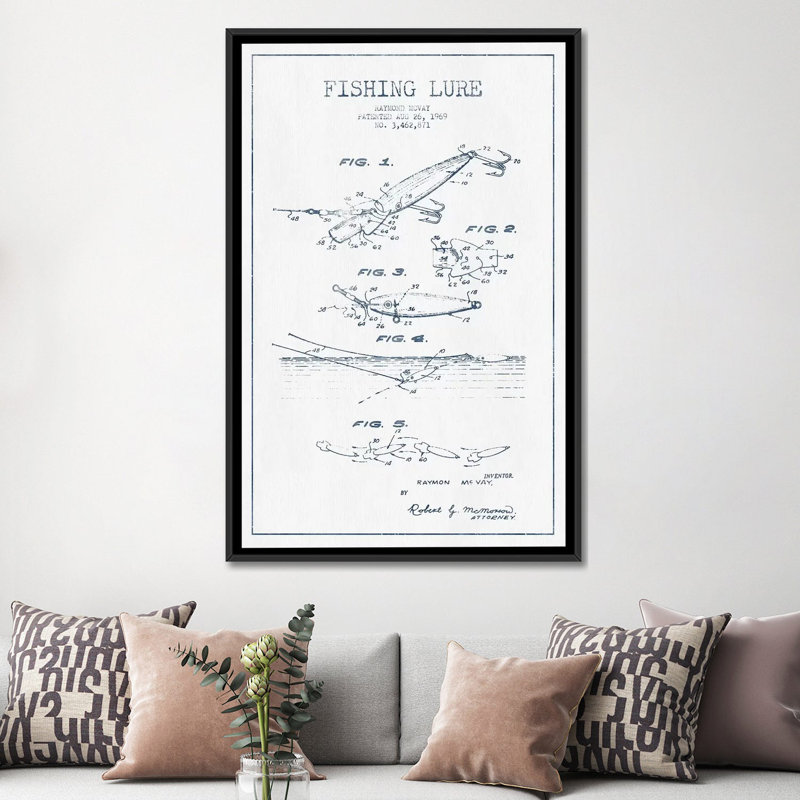 " Raymond McVay Fishing Lure Patent Sketch (Ink) IV " by Aged Pixel, Black Framed Canvas, No Mat, 48" H x 32" W x 1.5" D
