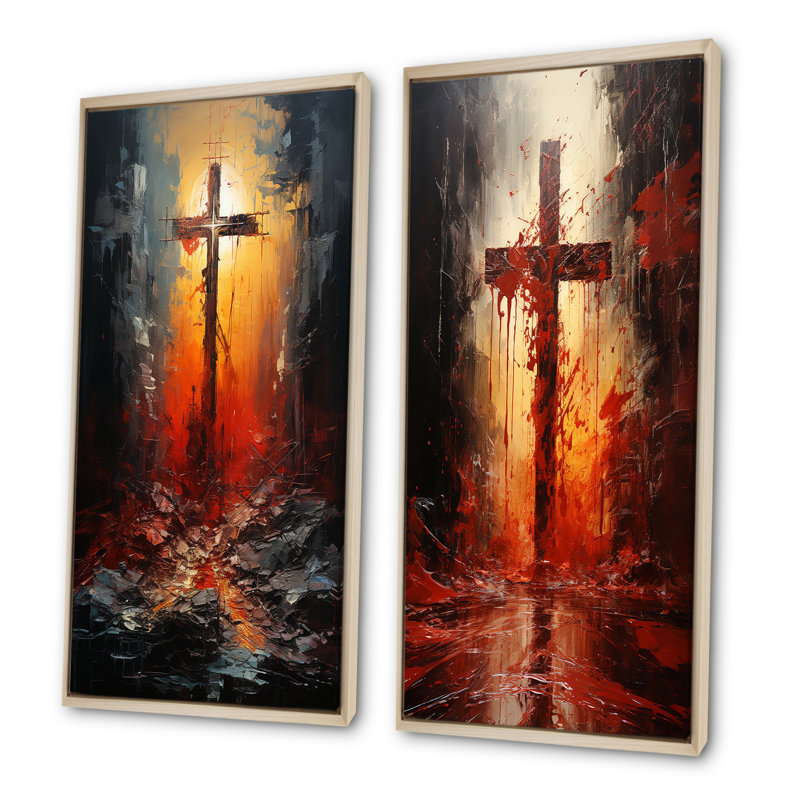 Croix au calvaire sang rouge collage - ensemble de 2 reproductions d'art mural Christianisme, Cadre flottant brun