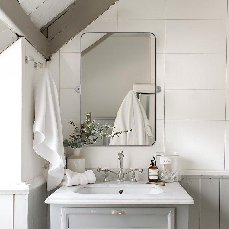 Miroir de salle de bain mural moderne inclinable | Cadre pivotant en acier inoxydable, Chrome poli, 30 po x 20 po