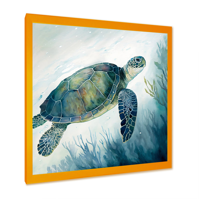 Tortue aquarelle nageant III - reproduction sur toile, Impression dorée sur toile encadrée, H 24 po x l 24 po x P 1 po