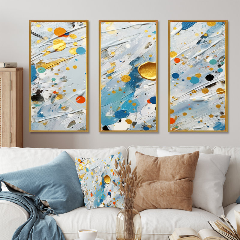 Ensemble de reproductions d'art abstrait bleu sarcelle, Cadre flottant doré, H 40 po x l 60 po x P 1 po