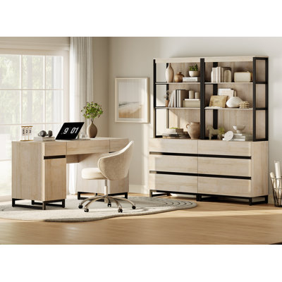 Home Office Furniture Set: 59" Executive Desk With Charging Station & Storage Cabinet + 72" Tall Bookcase With 6 Drawers, Modern Computer Desk & Library Shelf, Wood, Work Study, Beige
